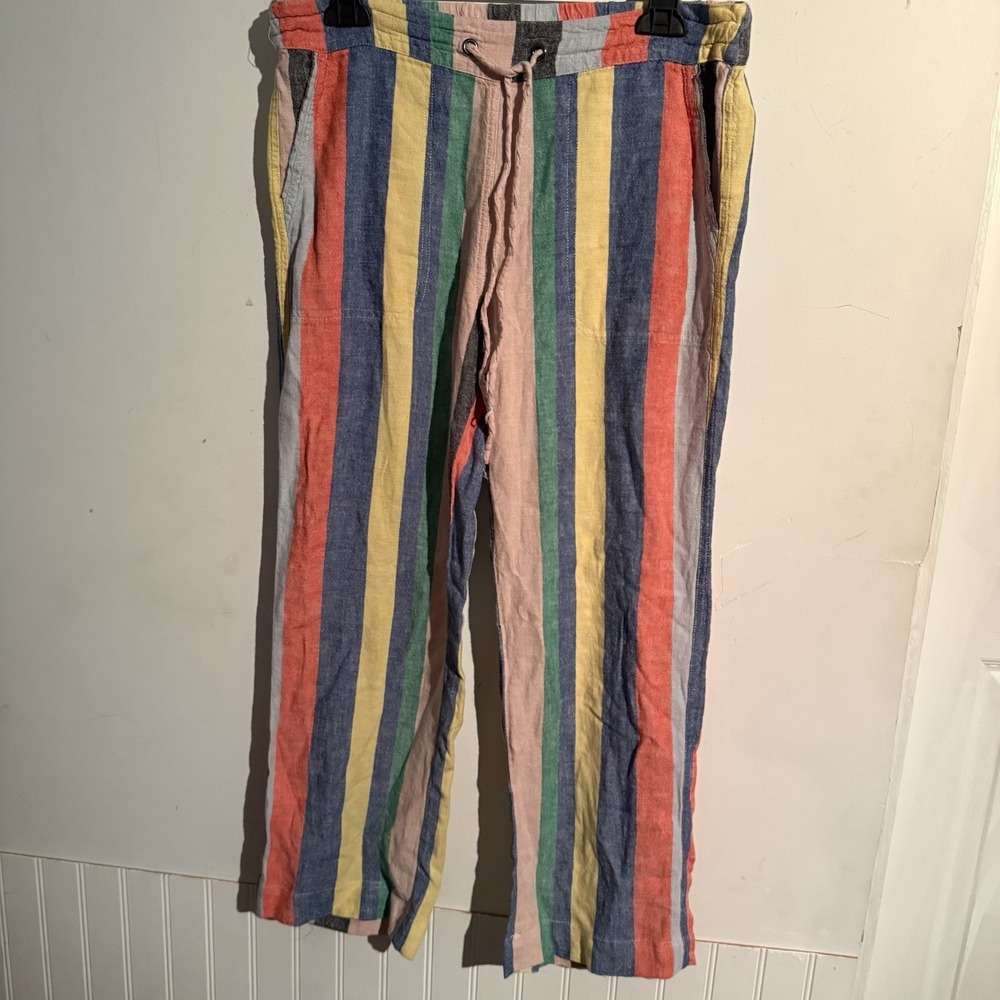 For Cynthia M Linen Straight Leg Crop Pant Colorful Stripe Coastal Boho Festival